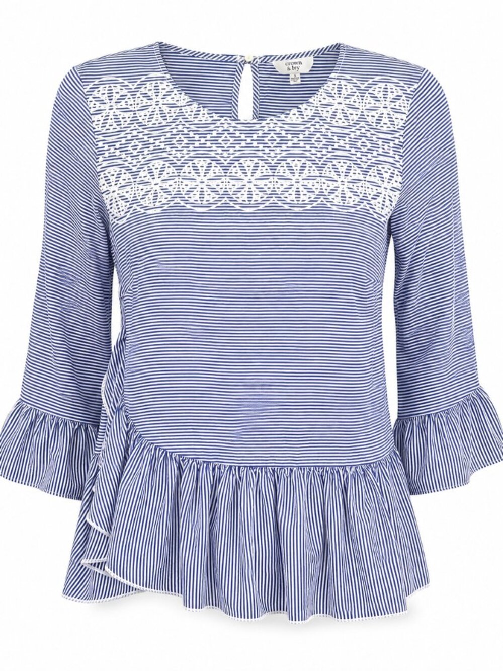 Crown & Ivy Embroidered ruffle Peplum Nautical Stripe Blouse Top Bell Sleeve S